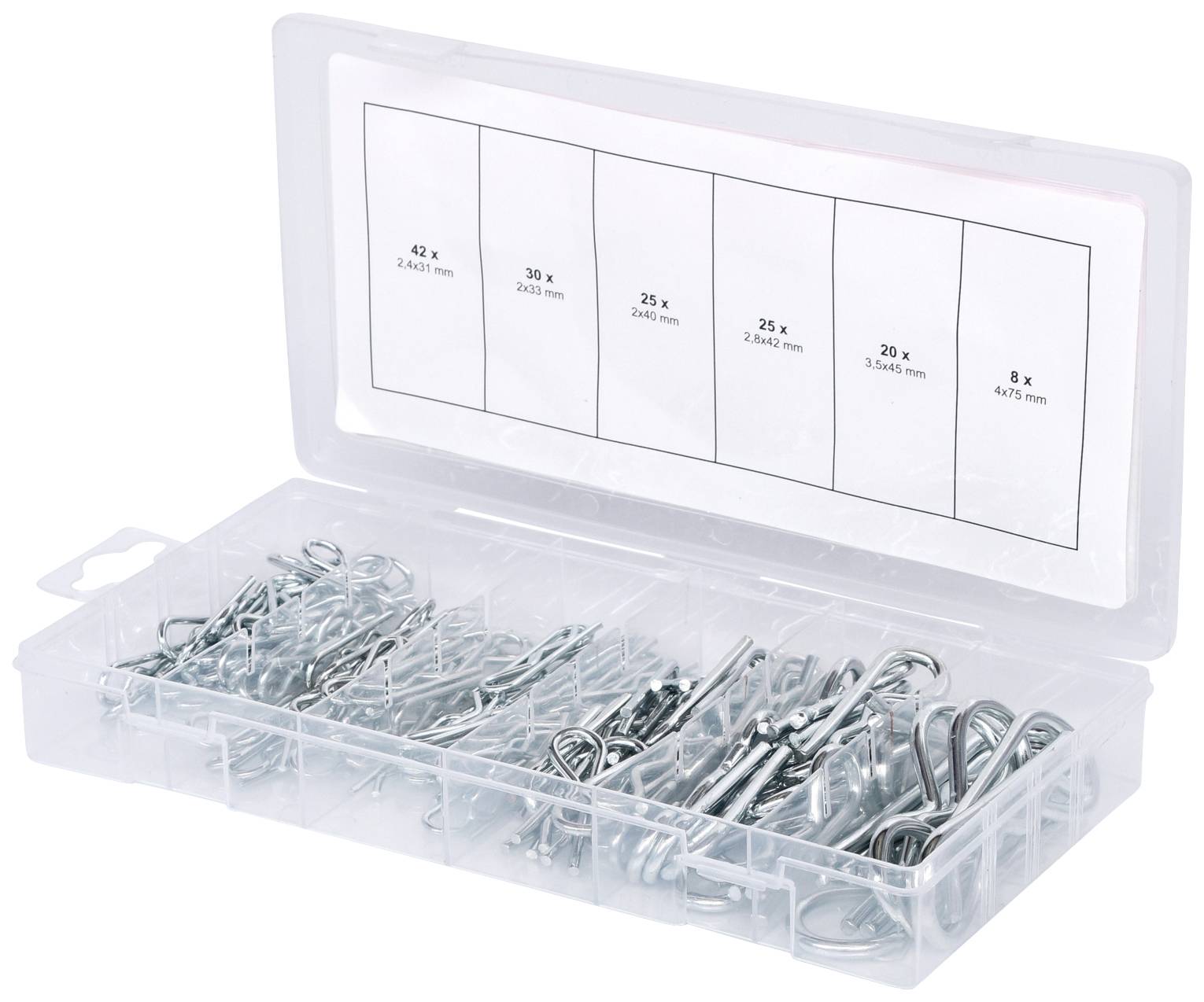 Eine transparente Box mit verschiedenen Größen von Splinten, sortiert in fünf Fächer mit Größenangaben auf dem Deckel.