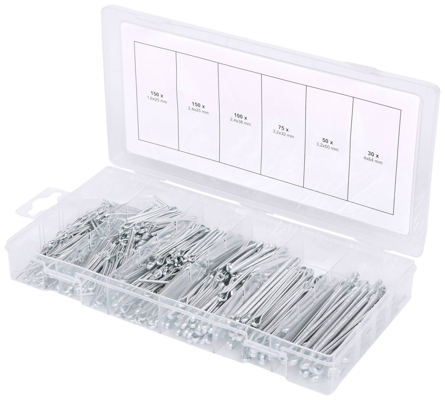 Eine Plastikbox mit mehreren Fächern enthält verschiedene Größen von Metallstiften, sortiert in Gruppen.