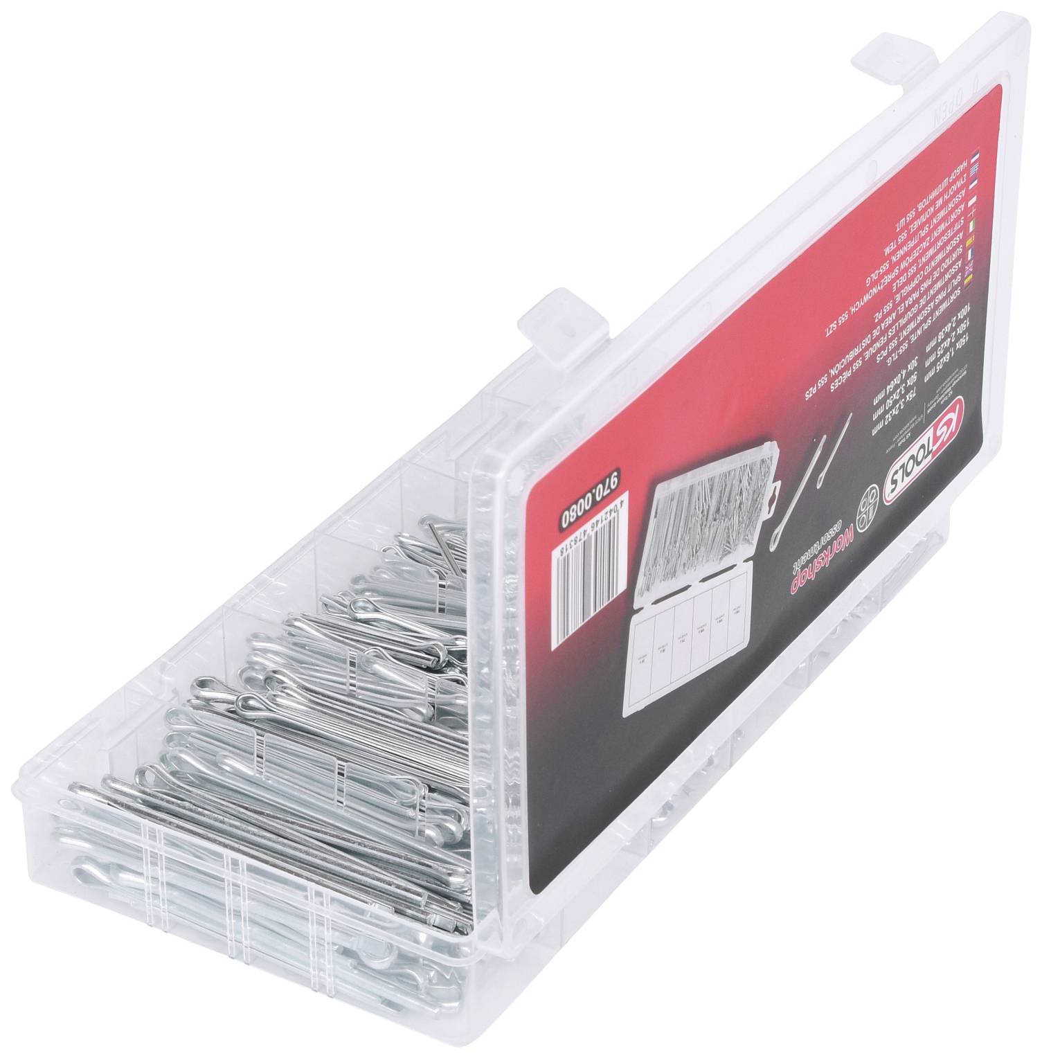 Geöffnete Plastikbox mit Metallstiften in verschiedenen Größen und Mengen, beschriftet mit Herstellerinformationen auf der Innenseite des Deckels.