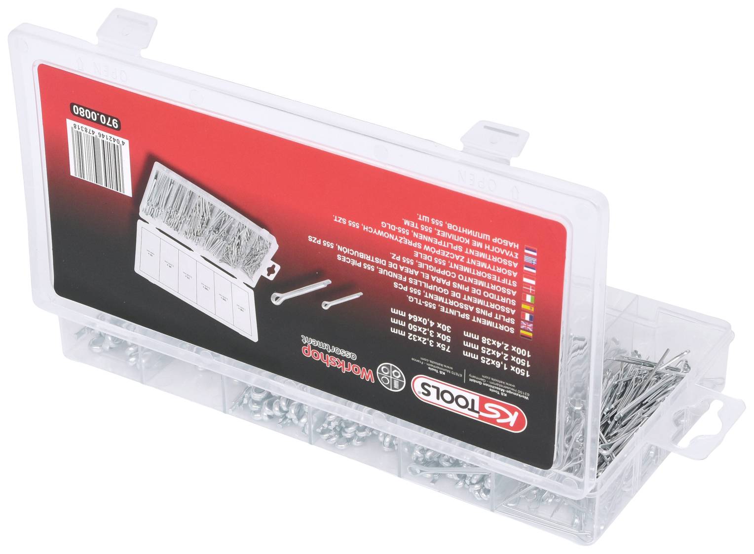 Eine transparente Kunststoffbox mit Stahlnägeln. Die Box ist in mehrere Fächer unterteilt und hat ein Etikett mit der Marke 'KS Tools'.