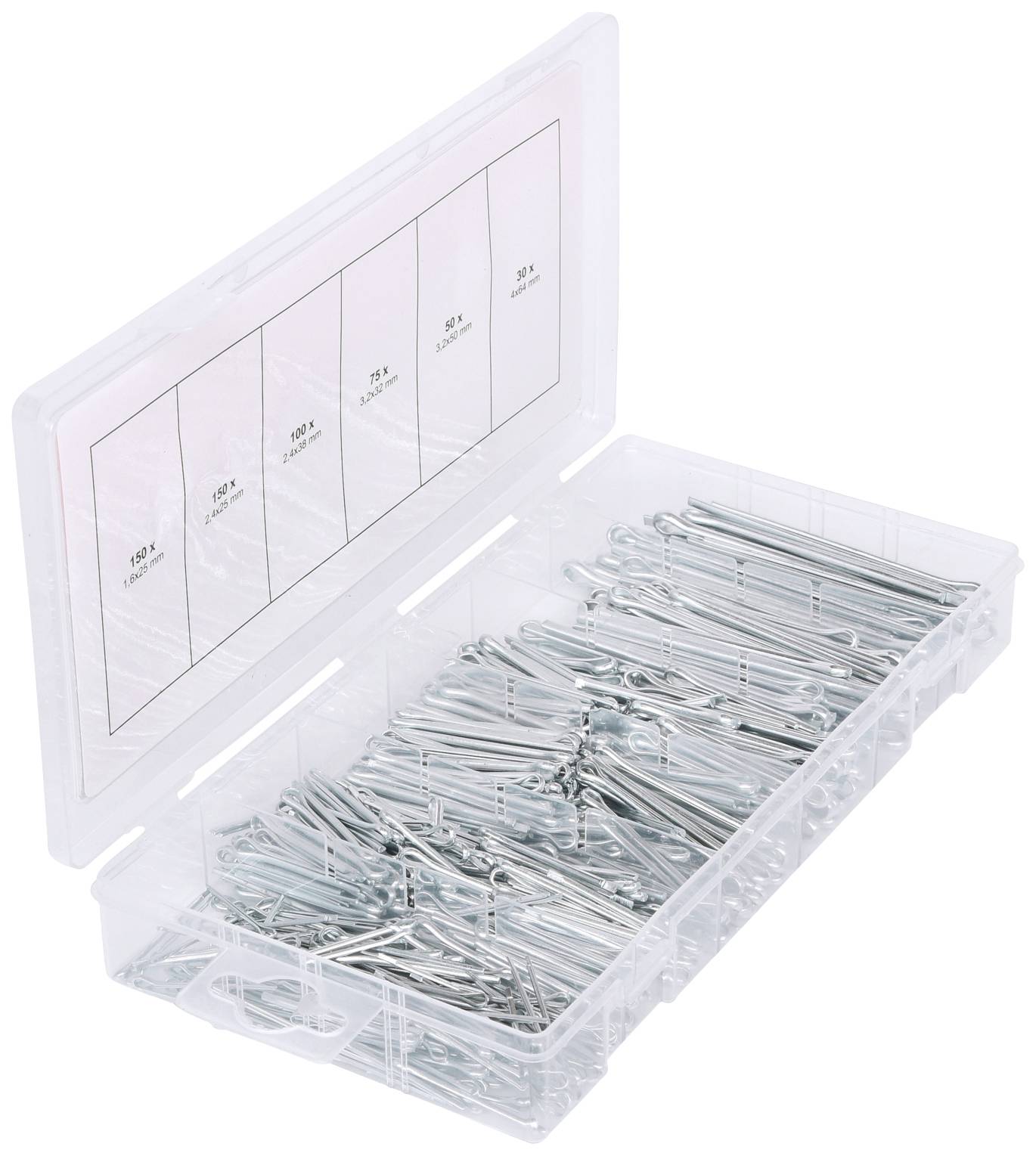 Kunststoffbox mit geöffnetem Deckel, gefüllt mit verschiedenen Größen von Silber-Stahl-Pins, sortiert in mehrere Fächer.