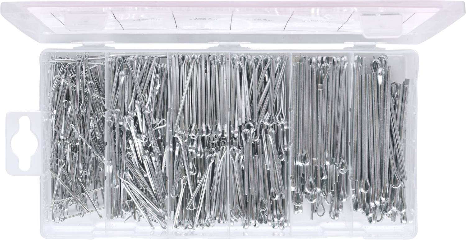 Eine geöffnete Box mit einer Vielzahl von metallischen Splinten in verschiedenen Größen, ordnungsgemäß sortiert in Fächer.