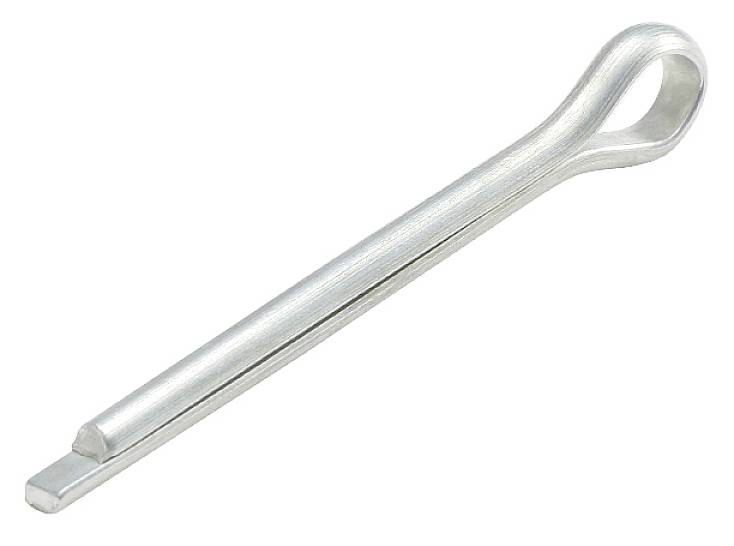 Eine silberne Splinte mit einem gebogenen Ende, üblicherweise zur Sicherung von Verbindungen in Maschinen oder Fahrzeugen verwendet.