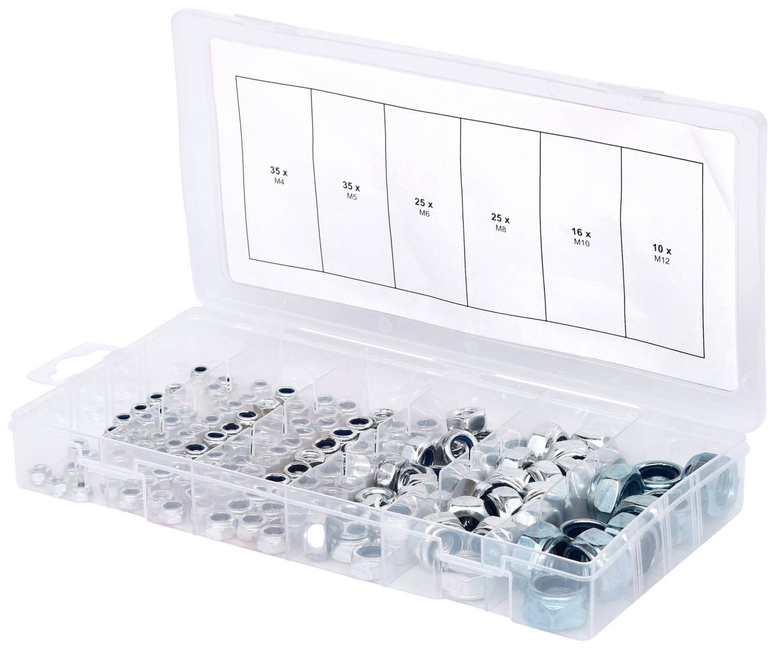 Plastikbox mit Fächern, gefüllt mit unterschiedlich großen Sechskantmuttern. Fächer sind beschriftet: M6 bis M12.
