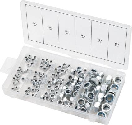 Ein geöffneter Plastikkasten mit Fächern, die verschiedene Größen von Muttern enthalten, von M2 bis M10. Markierungen zeigen die Stückzahl pro Fach.