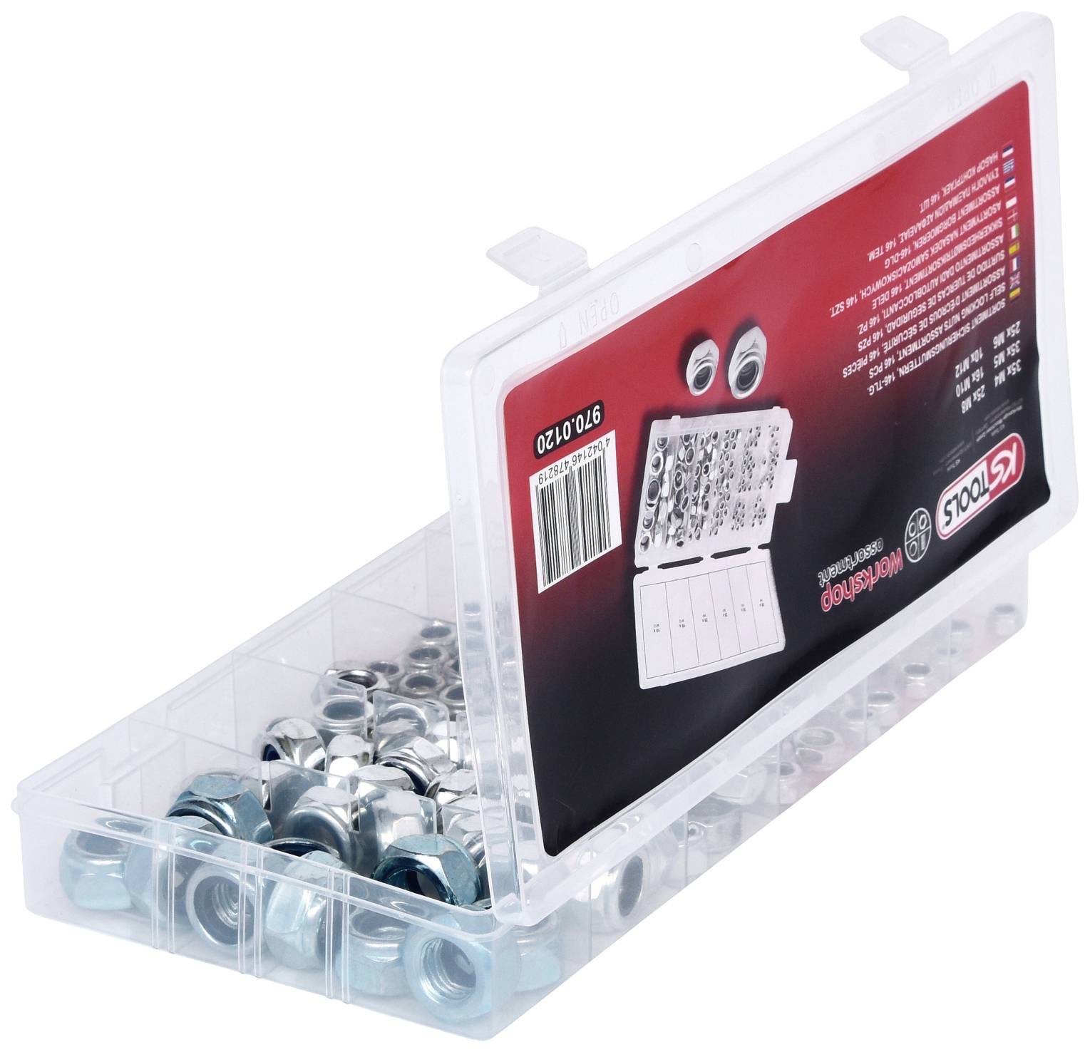 Eine geöffnete, transparente Kunststoffbox mit mehreren Fächern, die verschiedene Größen von silbernen und blauen Nieten enthält.