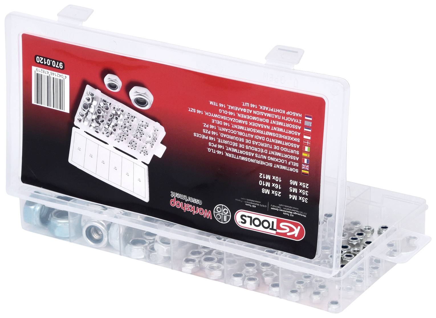 Eine durchsichtige Plastikbox mit Metallmuttern in verschiedenen Größen, etikettiert mit 'KS Tools' und Größenangaben auf der Innenseite.