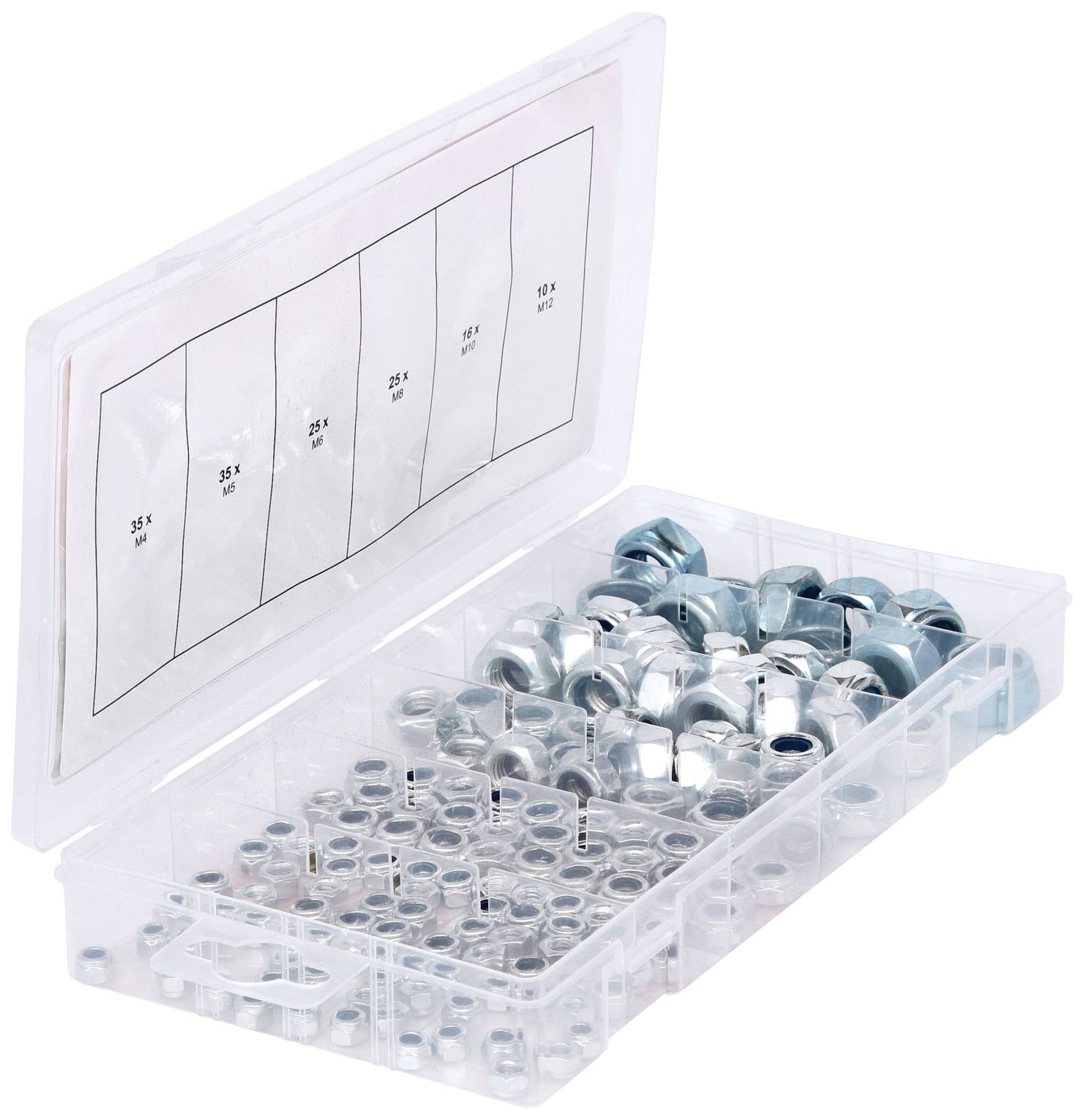 Eine geöffnete Plastikbox mit mehreren Fächern, die verschiedene Größen von Sechskantmuttern aus Metall enthält. Ein Etikett im Deckel zeigt die Größen.