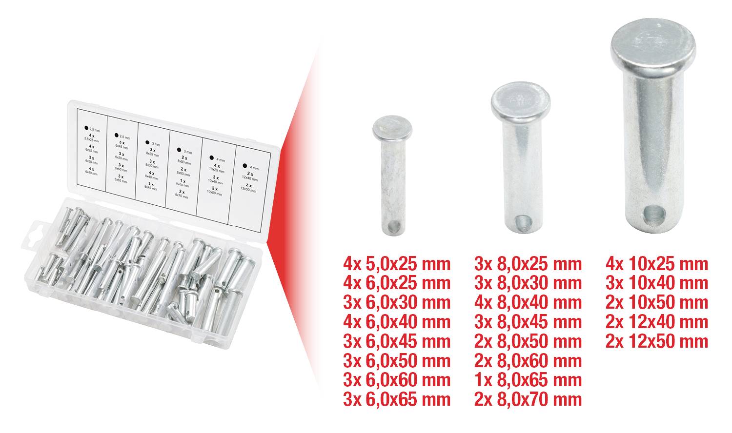 Ein Set mit Metallstiften in verschiedenen Größen, links eine geöffnete Kunststoffbox mit Fächern und Etikett. Größenangaben unten rechts.
