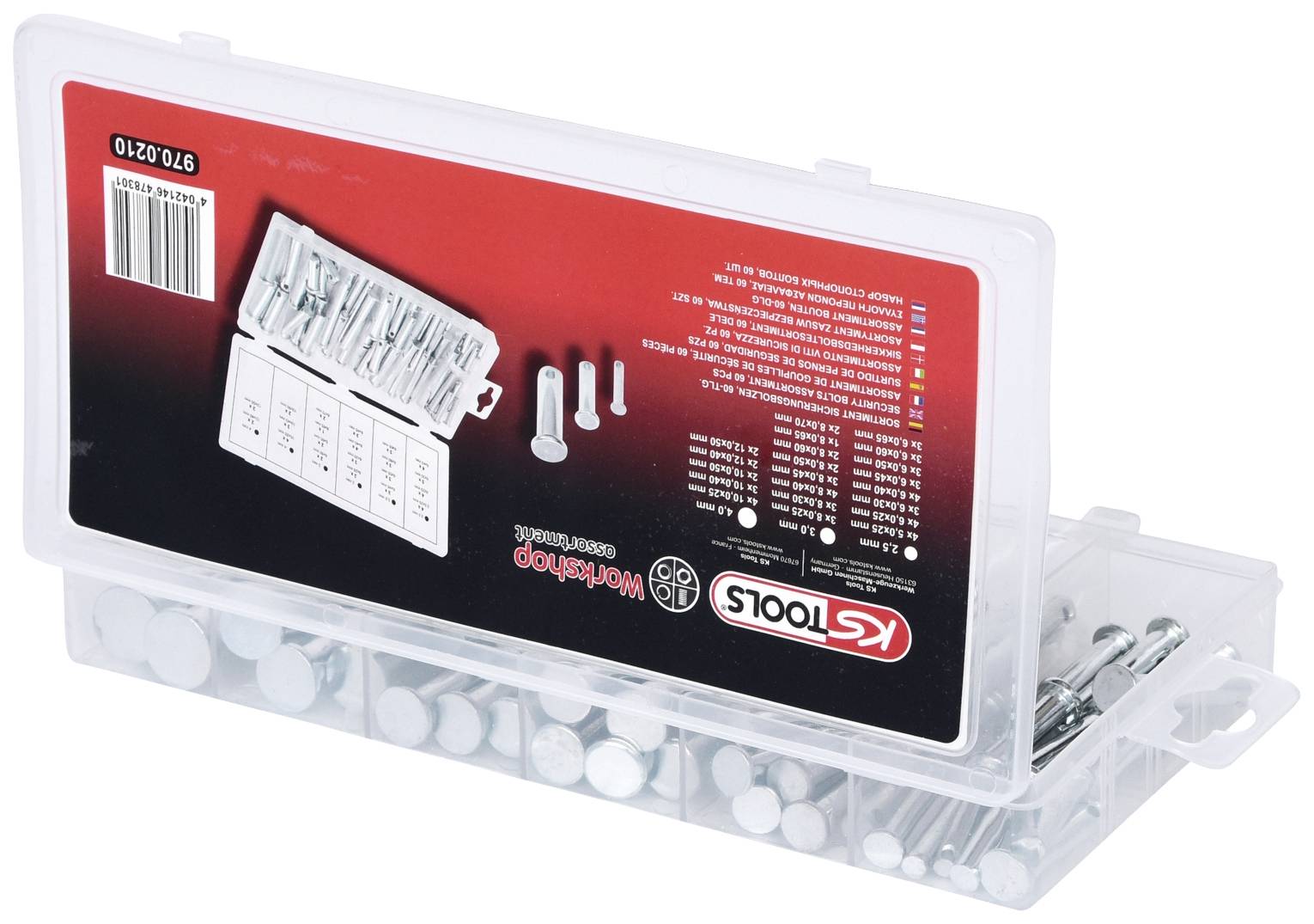 Eine transparente Plastikbox mit der Aufschrift 'KS Tools' enthält verschiedene Schrauben und Stahlteile, mit einem rot-weißen Etikett.