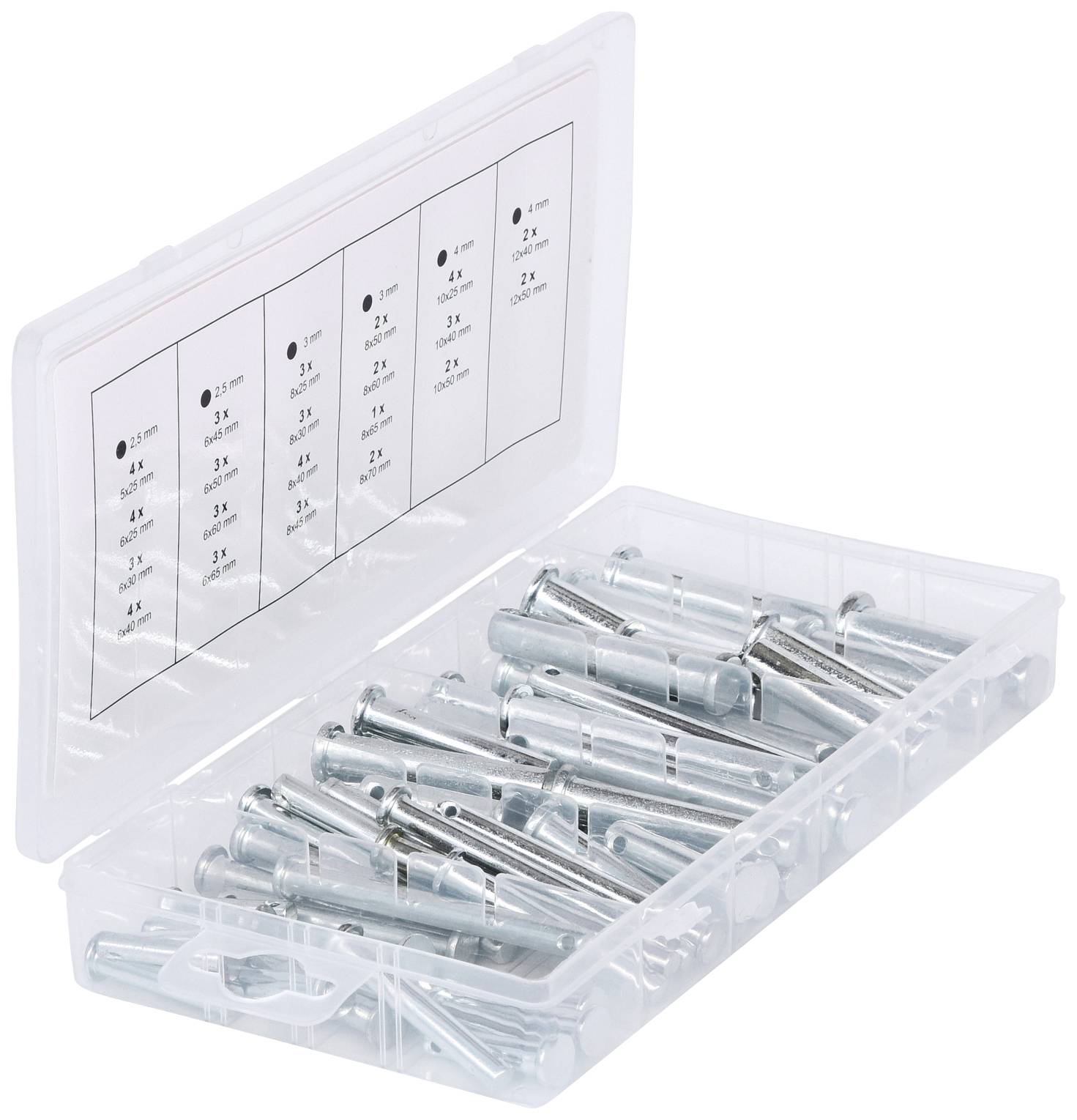 Eine offene Plastikbox mit Fächern, die mehrere silberne Dübel enthält. Ein Einlageblatt mit Größenangaben befindet sich im Deckel.
