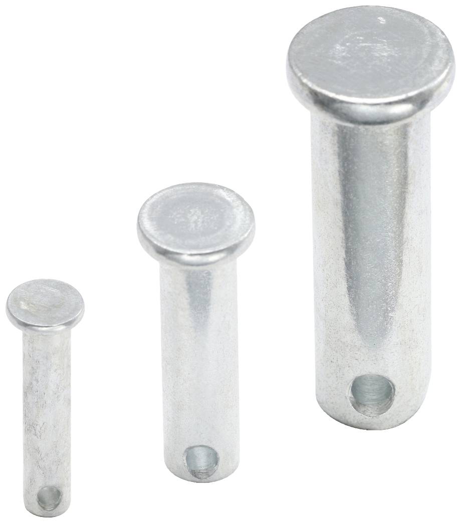 Drei unterschiedlich große Metallstifte mit abgerundeten Köpfen und Löchern an der Basis stehen aufrecht.