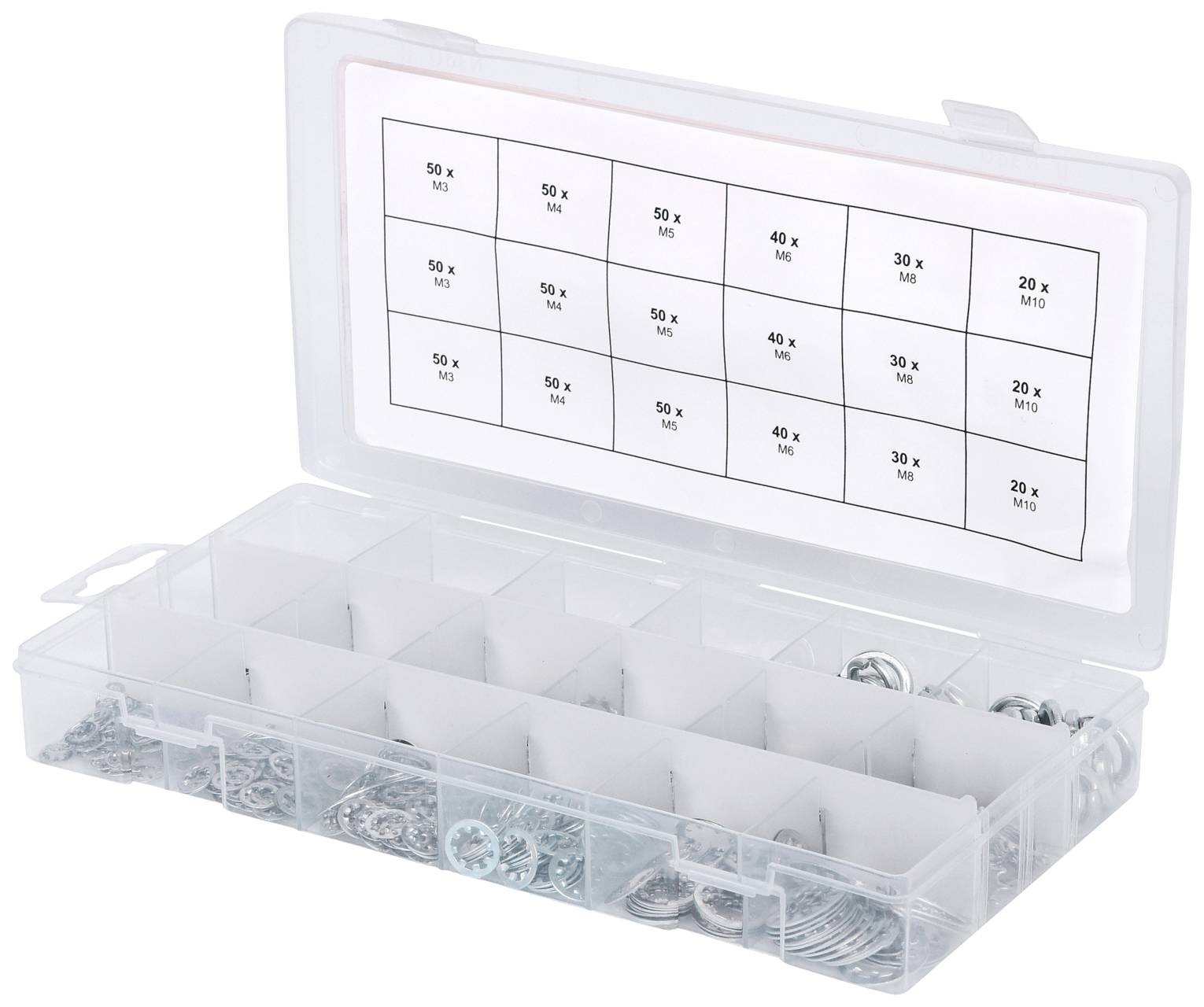 Kunststoffbox mit 15 Fächern, Inhalt: verschiedene Schrauben und Muttern. Oberseite mit Tabelle zur Mengenangabe.