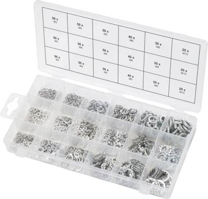 Eine geöffnete Kunststoffbox mit mehreren Fächern, die verschiedene Größen von Unterlegscheiben enthält. Ein Etikett auf dem Deckel listet die Größen auf.