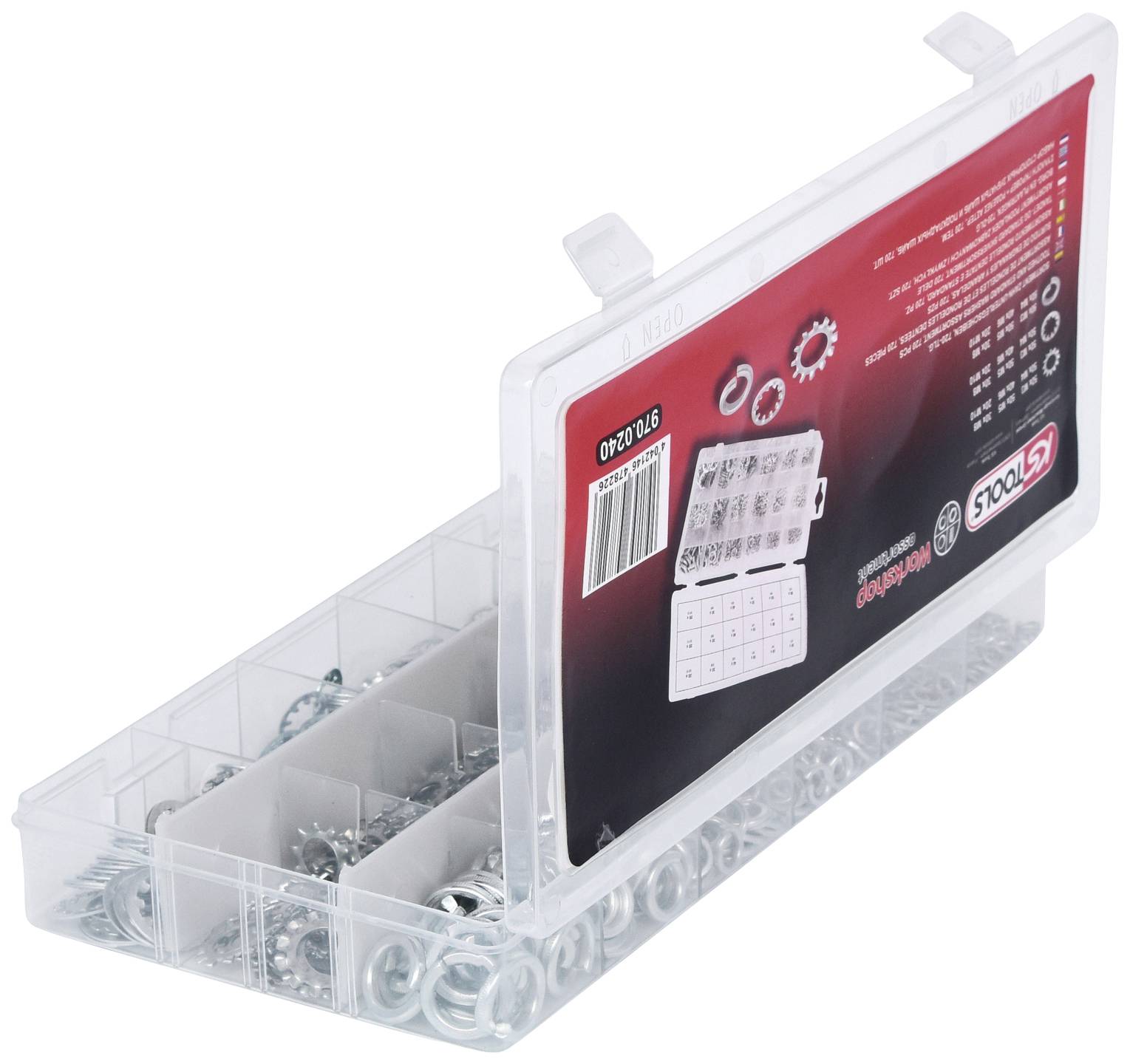 Plastikbox mit Metallunterlegscheiben in verschiedenen Fächern. Aufkleber zeigt Typen und Größen der Scheiben.