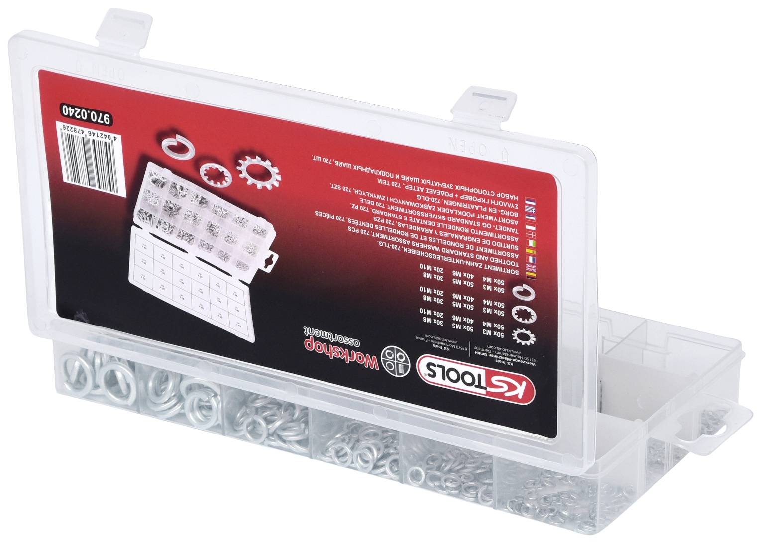 Plastikbox mit sortierten Metallringen verschiedener Größen, geöffnet und in mehrere Fächer unterteilt. Verpackungsaufdruck mit Firmenlogo 'KS Tools'.