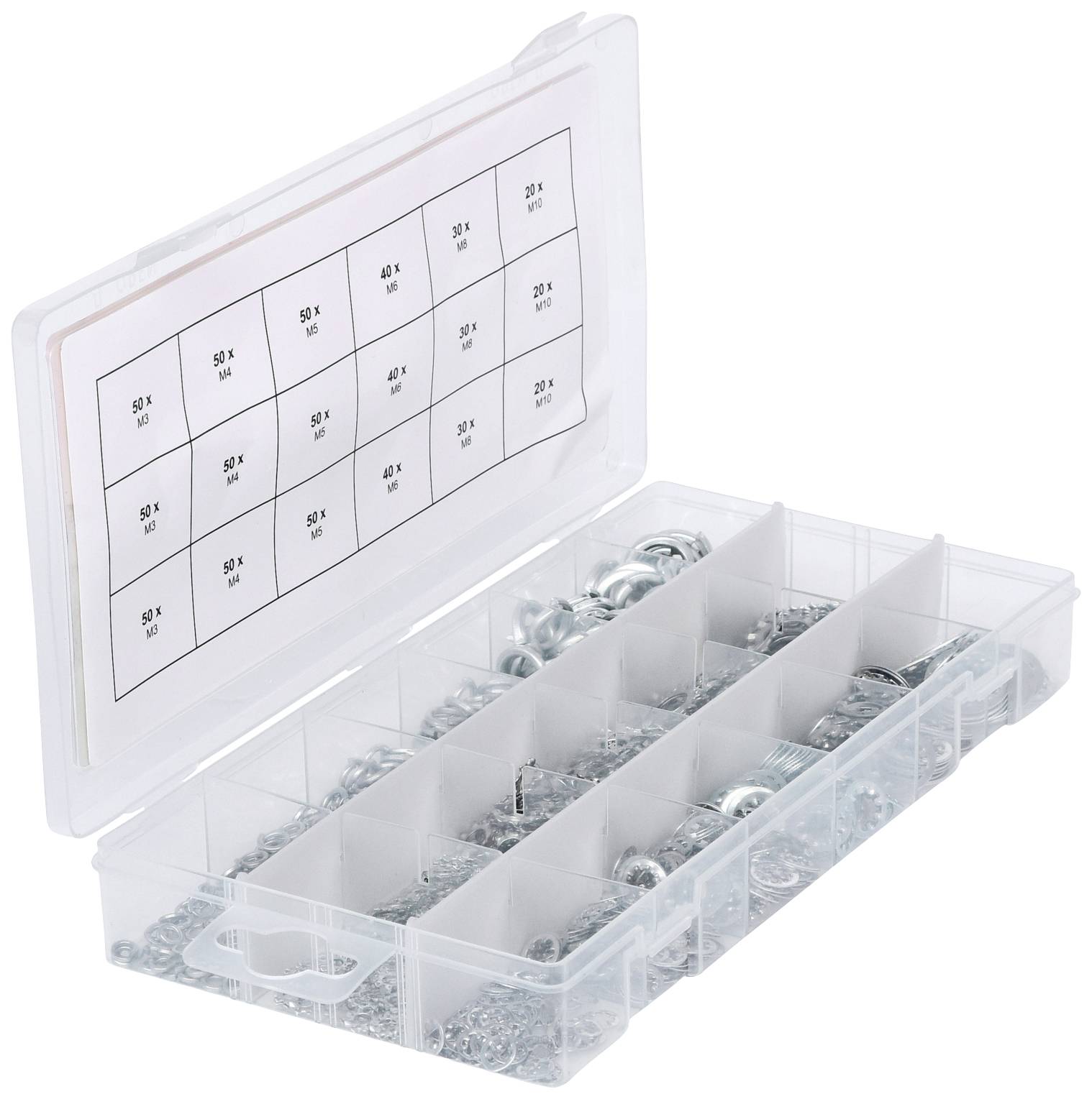 Geöffnete Plastikbox mit transparenten Fächern, die verschiedene Schrauben und Muttern enthalten. Ein Etikett auf dem Deckel zeigt Größen und Mengen.