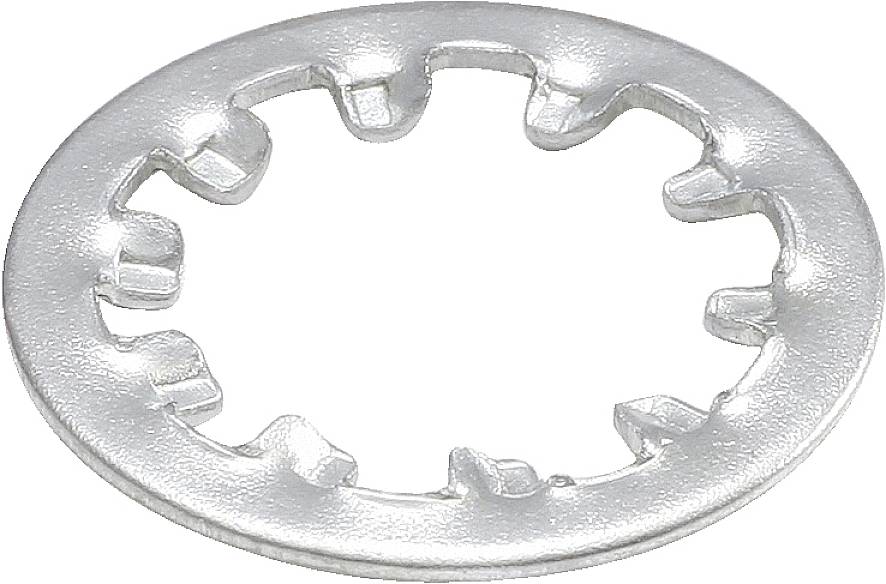 Metallsicherungsscheibe mit gezackten Innenzähnen zur Verhinderung von Drehen oder Lösen einer Schraube.