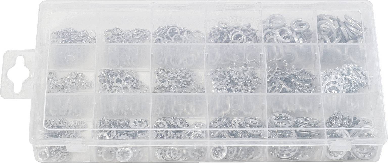 Ein Plastikbehälter mit vielen kleinen, silbernen Unterlegscheiben in verschiedenen Größen, organisiert in 18 Fächer.