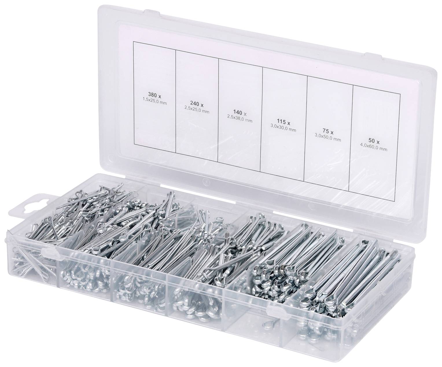 Eine geöffnete Plastikbox mit verschiedenen Schraubenarten in getrennten Fächern. Oben auf dem Deckel sind die Größen und Mengen der Schrauben angegeben.