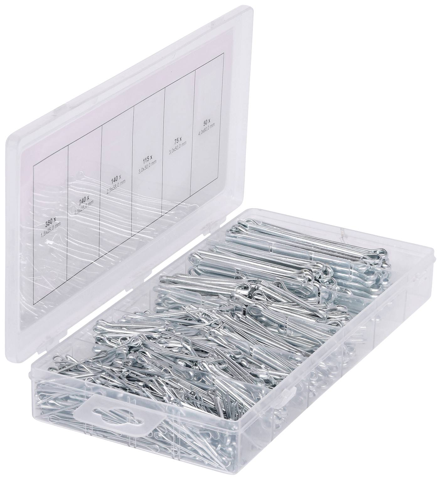 Plastikbox mit geöffnetem Deckel, gefüllt mit sortierten Metall-Splinten in verschiedenen Größen, erkennbar durch getrennte Fächer.