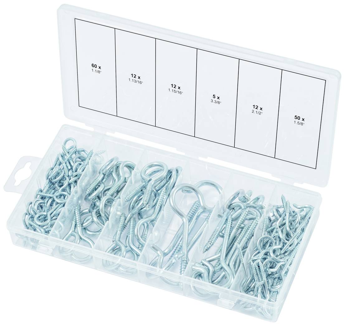 Eine offene Plastikbox mit verschiedenen Größen von silbernen Schraubhaken und Ösenschrauben, sortiert in Fächern.