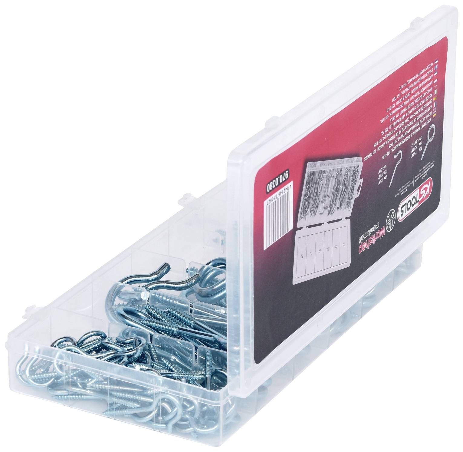 Transparente Box mit offenen Haken in verschiedenen Größen, die für Heimwerkerprojekte verwendet werden können.