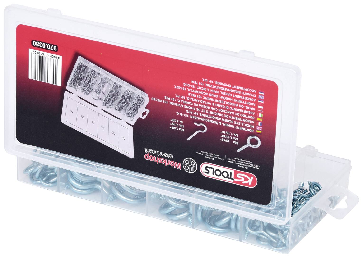 Plastikbox mit Metallhaken-Set, transparent mit rotem Etikett. Enthält verschiedene Hakenarten, geordnet in Fächer.