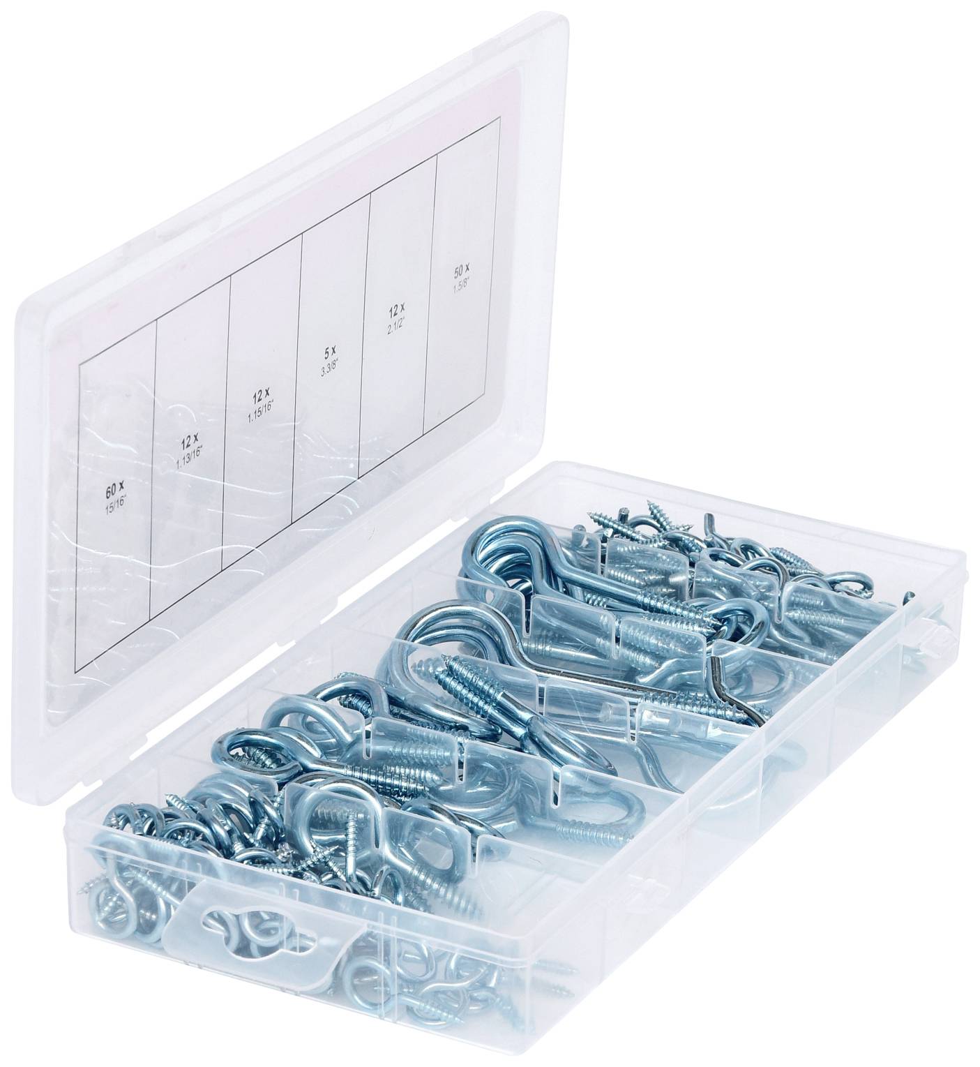 Plastikbox mit verschiedenen Größen von blauen Haken und Ösen aus Metall, sortiert in mehreren Fächern.