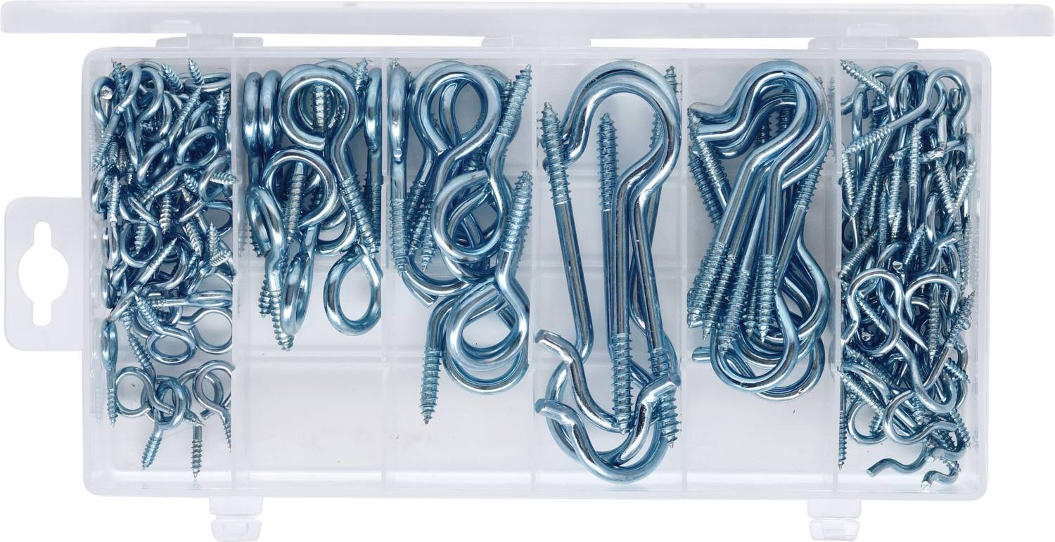 Eine Kunststoffbox mit verschiedenen blauen Haken und Ösenschrauben in mehreren Fächern.