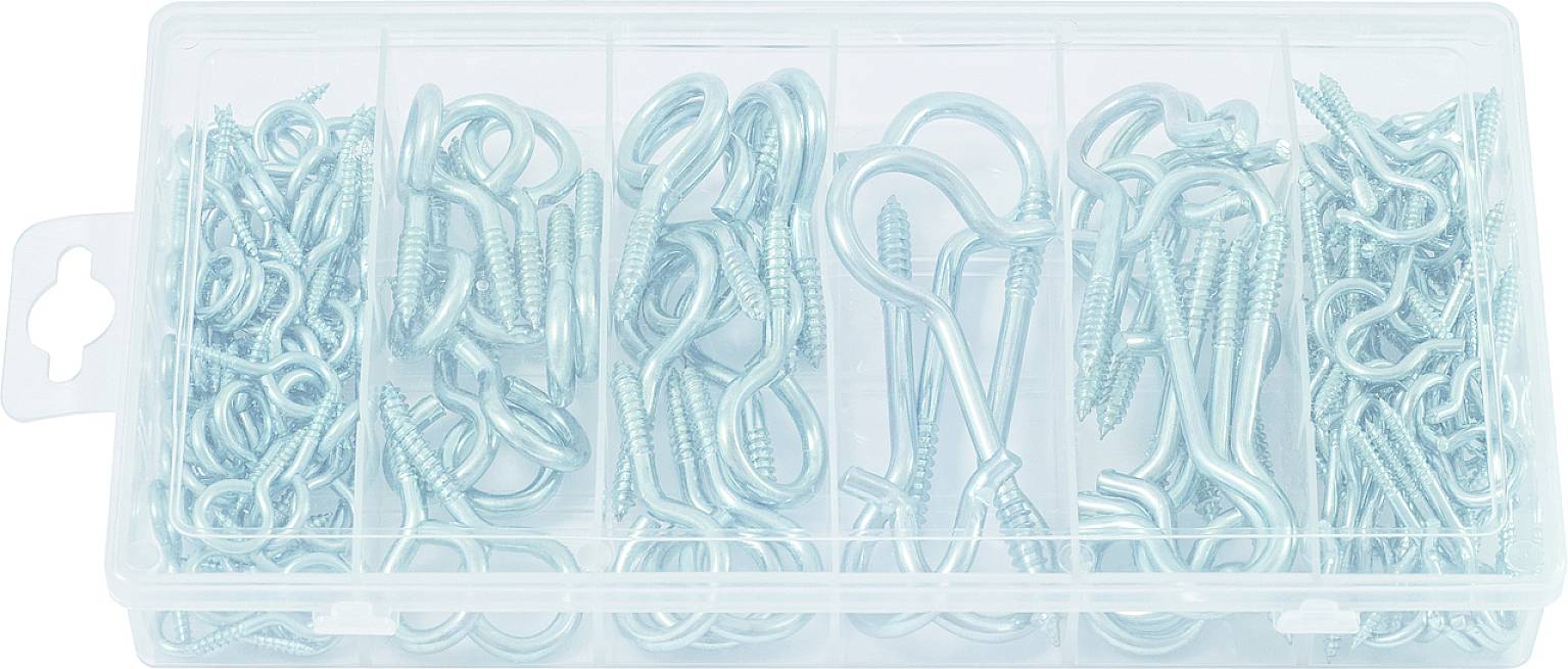 Eine transparente Box mit mehreren Fächern, gefüllt mit verschiedenen silbernen Haken und Schrauben, geordnet nach Typ und Größe.