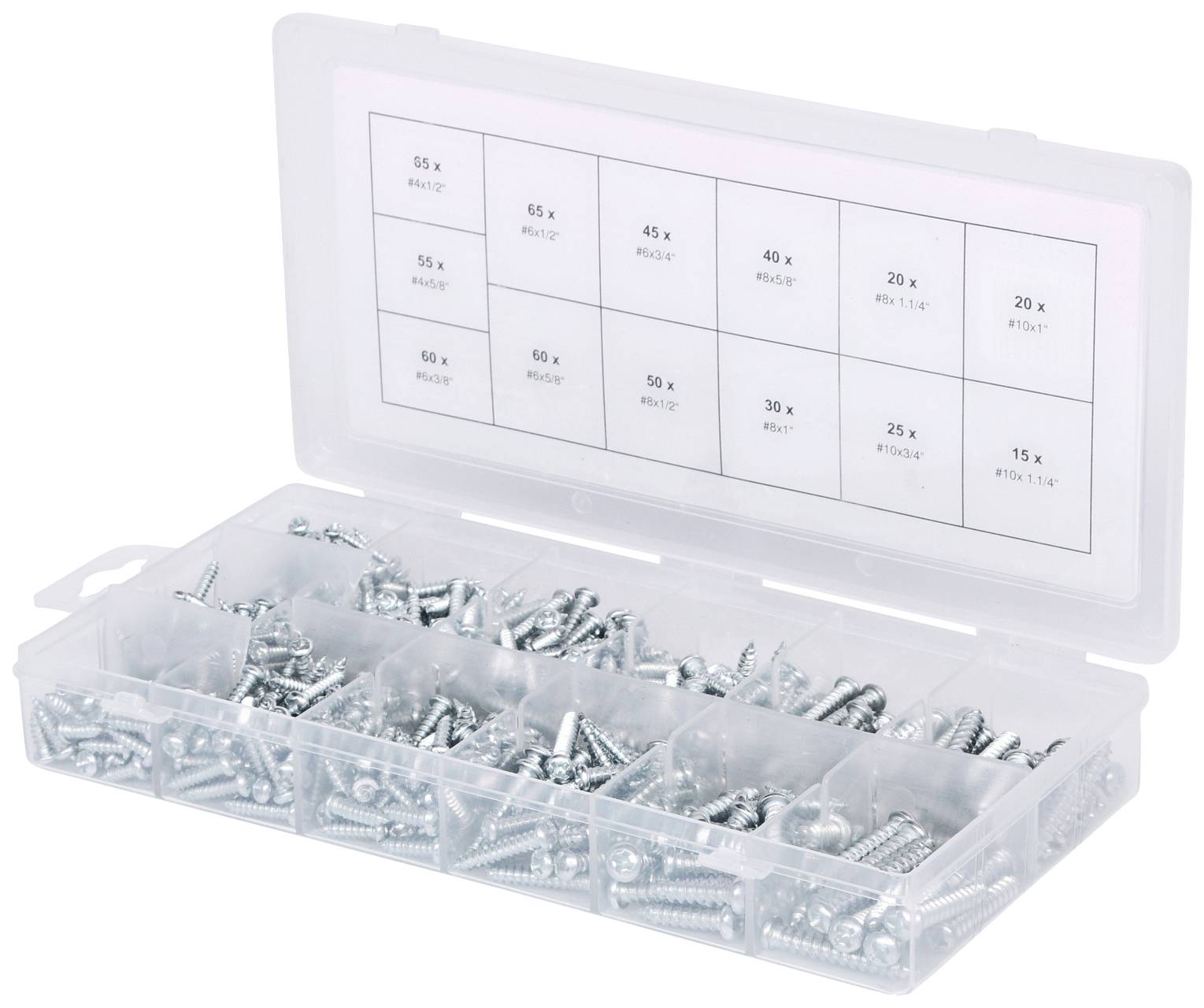 Eine Plastikbox mit Fächern, gefüllt mit verschiedenen Schraubenarten. Der Deckel zeigt Beschriftungen mit Anzahl und Typ der Schrauben.