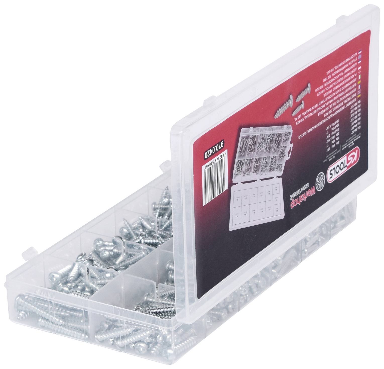Offene Plastikbox mit silbernen Schrauben in verschiedenen Größen, aufgeteilt in separate Fächer.
