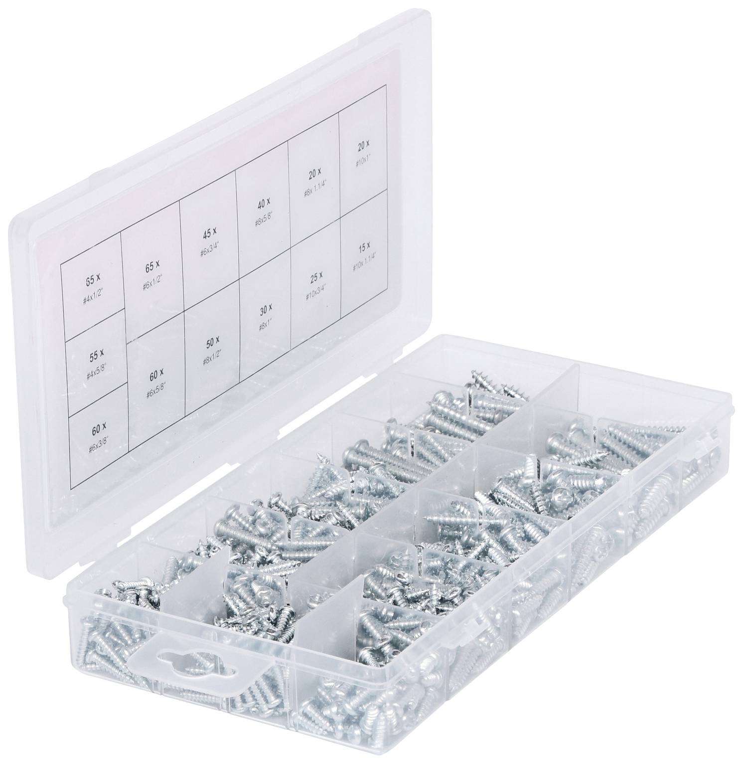 Eine geöffnete Kunststoffbox mit zahlreichen Metallschrauben in Fächern sortiert. Auf dem Deckel sind Kategorien für Schraubenarten angezeigt.