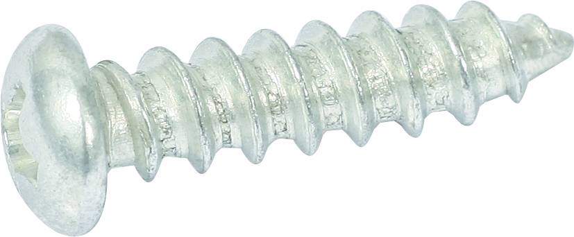 Ein silberfarbener, selbstschneidender Metallschraube mit flachem Kopf und scharfem Gewinde.
