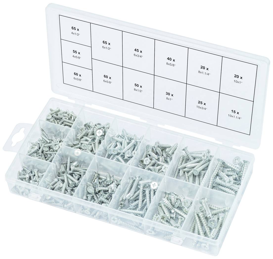 Eine geöffnete Plastikbox mit mehreren Fächern, die verschiedene Schraubenarten und -größen enthalten. Oben auf dem Deckel sind die Schraubenbeschreibungen angegeben.