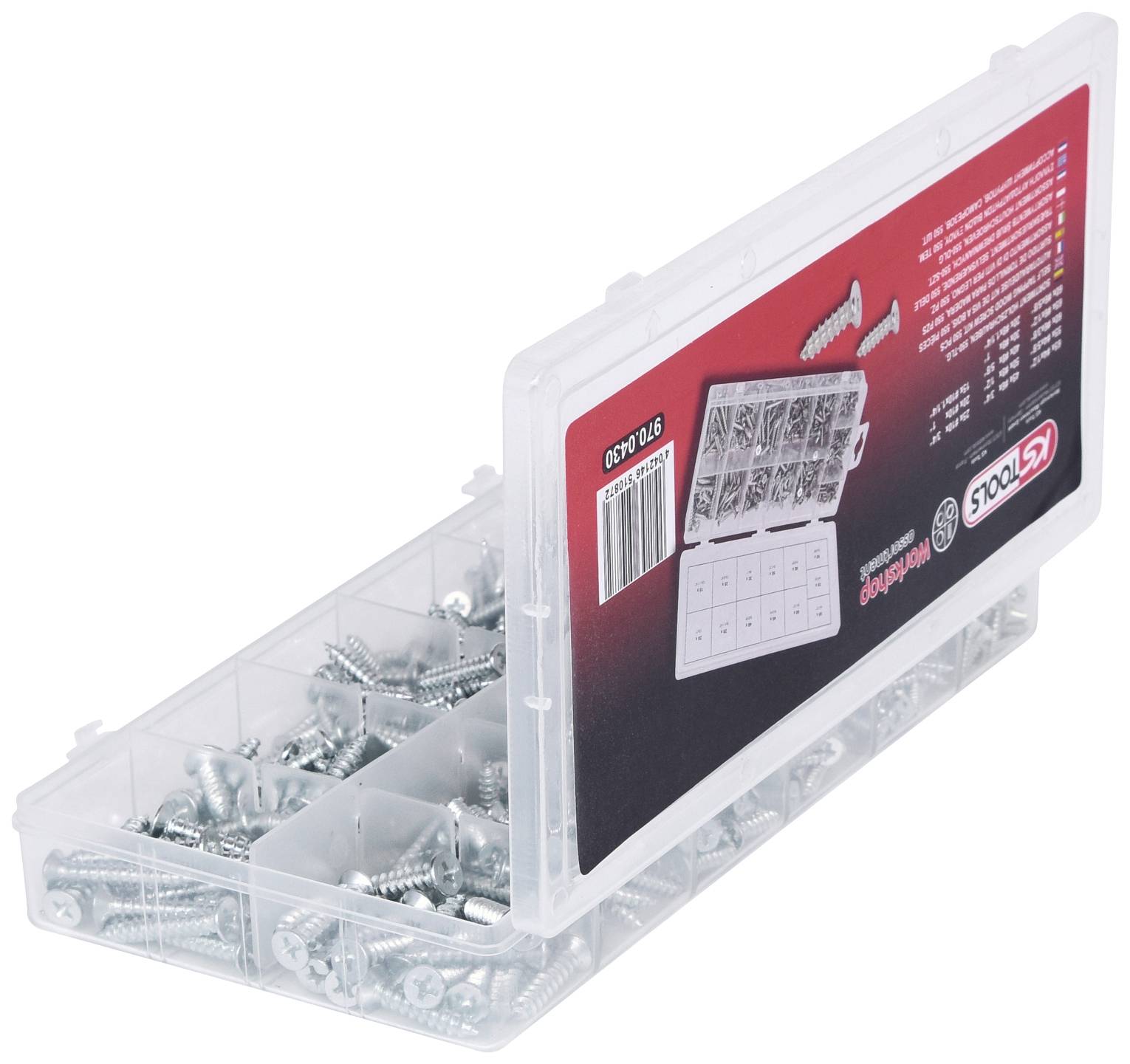 Plastikbox mit geöffnetem Deckel, gefüllt mit verschiedenen Schrauben. Ein Etikett zeigt eine Übersicht der Schraubengrößen.