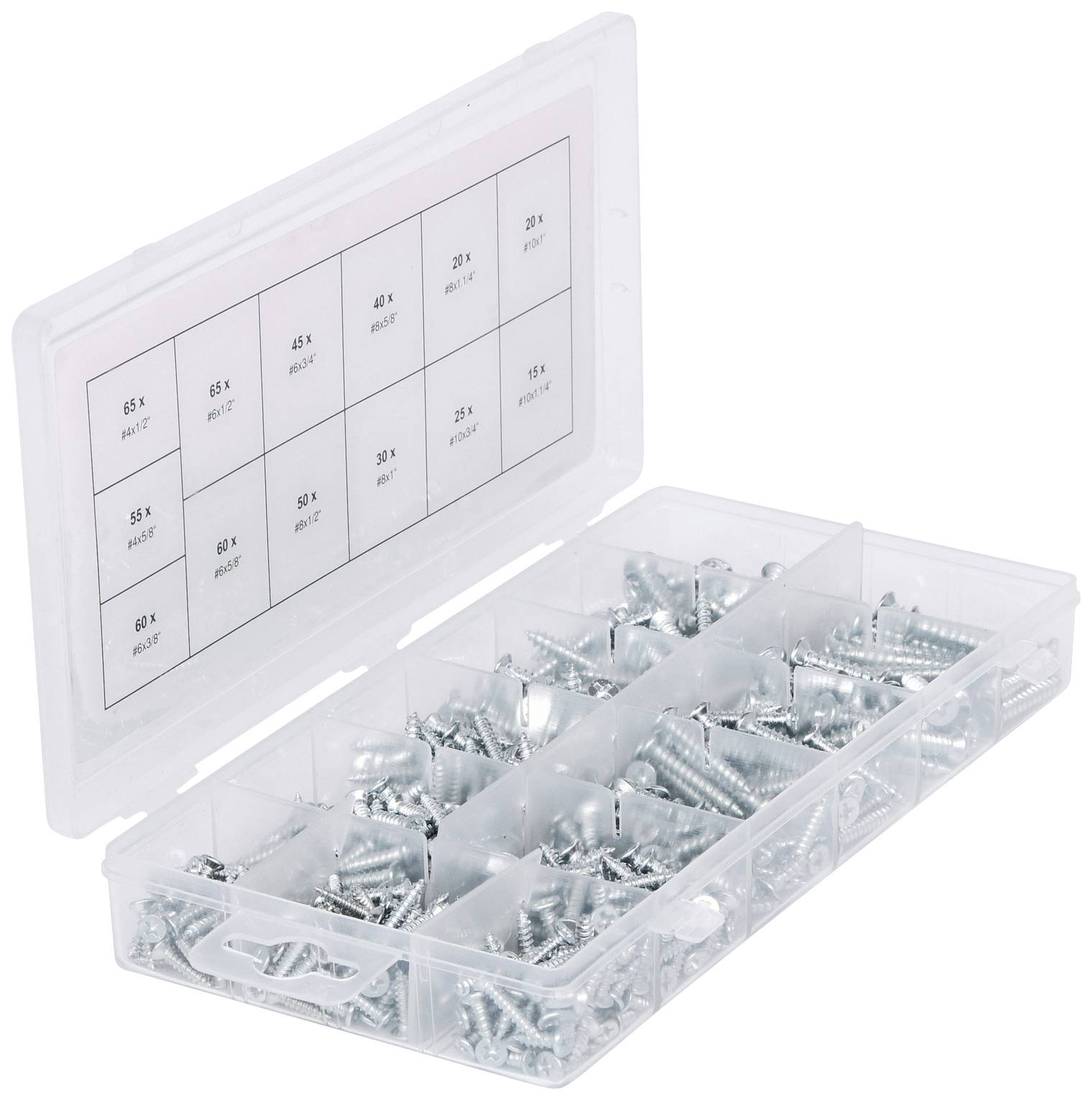 Eine geöffnete Plastikbox mit verschiedenen Schraubenarten. Jede Abteilung enthält unterschiedliche Schrauben, wie auf dem Deckel vermerkt.