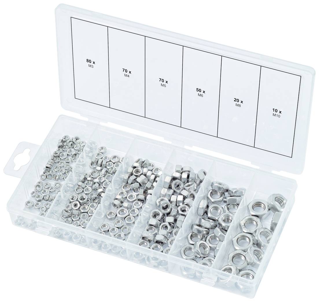 Eine geöffnete Kunststoffbox mit sechs Fächern, die Sechskantmuttern in verschiedenen Größen und Mengen enthält.