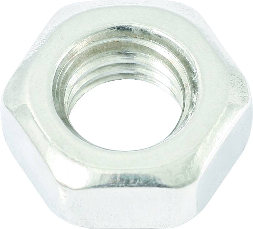 Eine silberne, sechseckige Mutter aus Metall, verwendet zur Befestigung von Schrauben in mechanischen Konstruktionen.