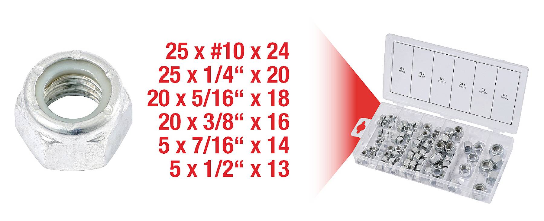 'Sortiment von 100 Sechskantmuttern in verschiedenen Größen. Enthält je 25 Stück #10 x 24, 1/4