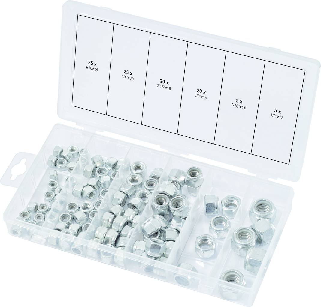 Geöffnete Box mit verschiedenen Sechskantmuttern, sortiert nach Größe. Enthält Muttern von 25 x #10-24 bis 5 x 1/2