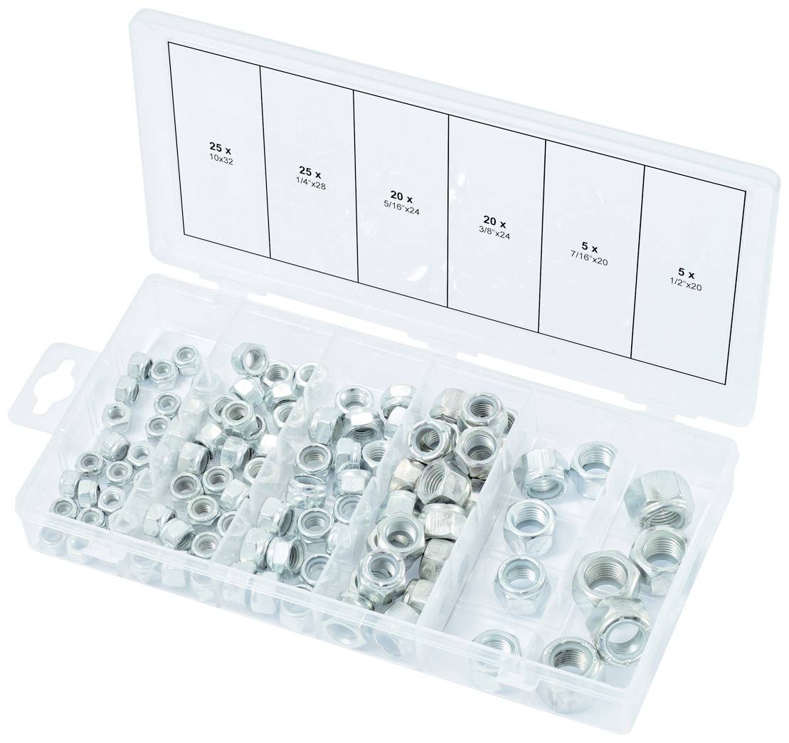 Eine geöffnete Box mit sech verschiedenen Fächern, die Muttern verschiedener Größen und Mengen enthält, beschriftet mit der Anzahl.