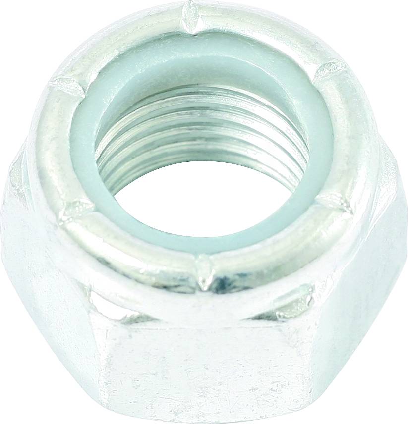 Sechskantmutter aus Metall, oben mit ringförmiger Kunststoffeinlage zur Sicherung.