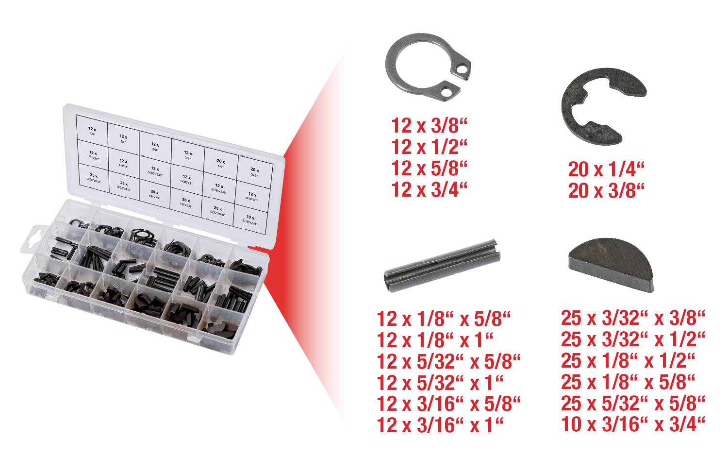 Kunststoffbox mit sortierten Metallteilen in verschiedenen Größen und Formen, darunter Ringe, Stifte und Schaftfedern.