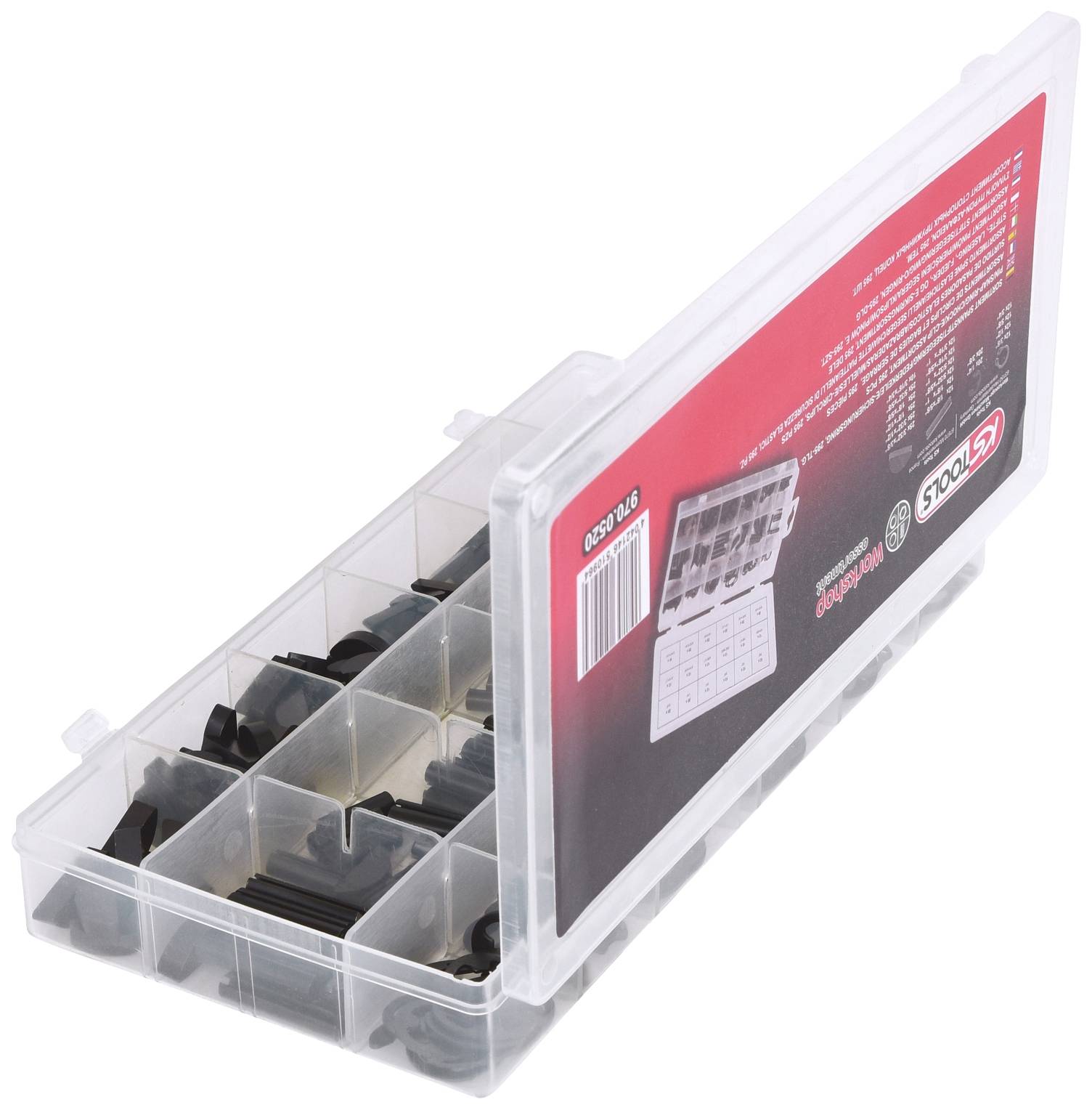 Plastikbox mit Fächern, die verschiedene schwarze Gummidichtungen enthält. Verpackung von 'ST- Pugs'.