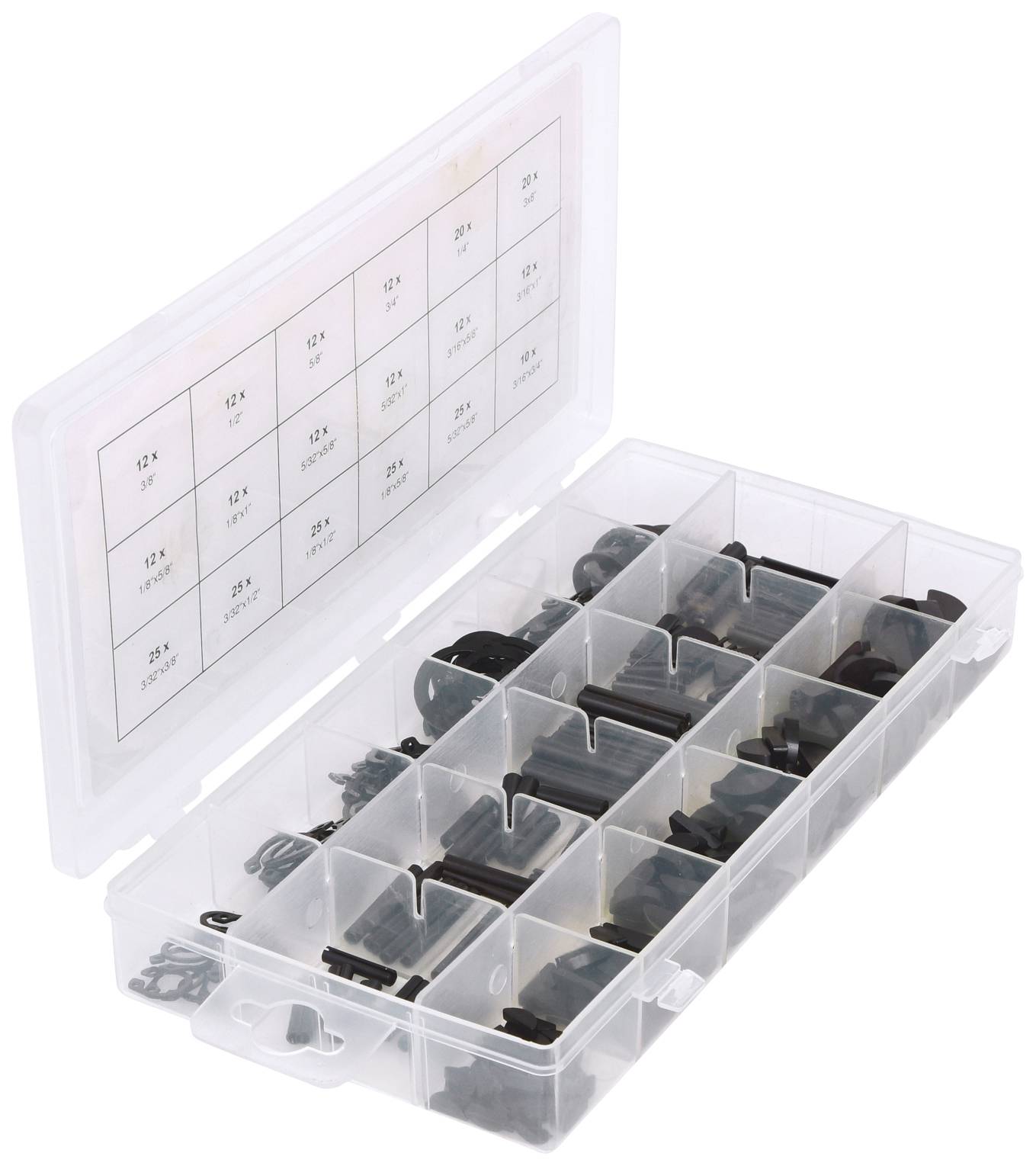 Eine durchsichtige Kunststoffbox mit Fächern, die verschiedene Schrauben, Muttern und kleine Befestigungselemente enthält.