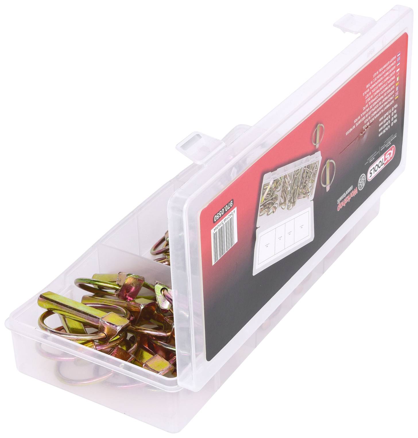 Eine durchsichtige Kunststoffbox enthält metallisch goldene Splinte mit ovalem Kopf. Die Verpackung ist teilweise geöffnet.