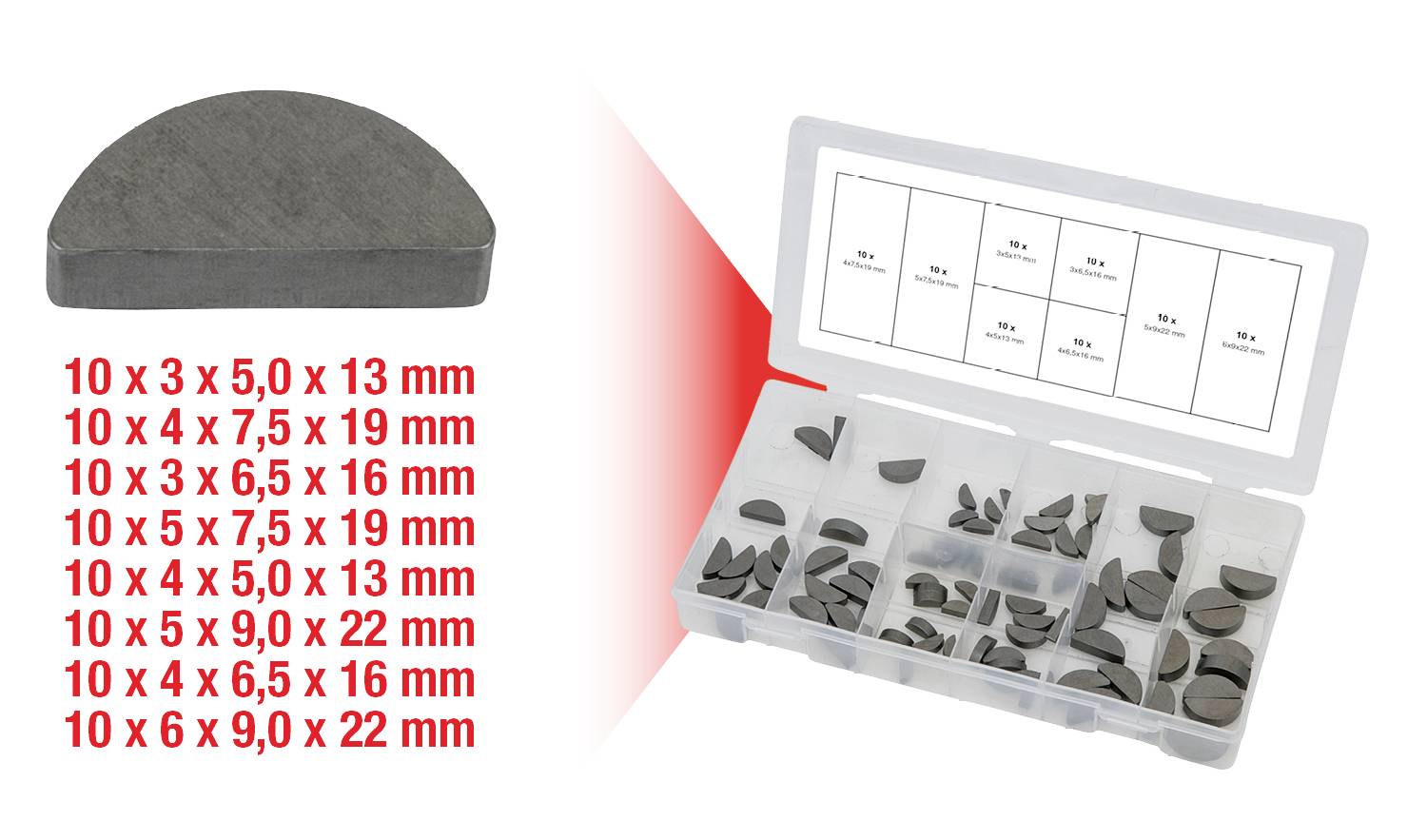 Sortiment an Keilen: 10 x 3, 10 x 4, 10 x 5, 10 x 6 mm Größen. Jeder Typ in separatem Fach in einer Box.
