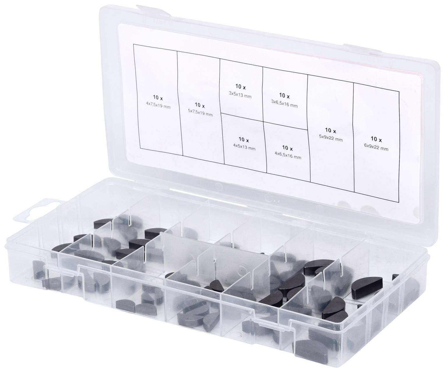 Transparente Kunststoffbox mit mehreren Fächern, gefüllt mit schwarzen Metallkeilen unterschiedlicher Größe; Größenangaben im Deckel.